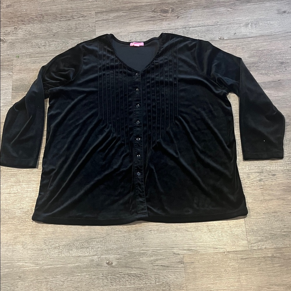 WOMAN WITHIN Velvet Pintuck Button-Up Tunic Blouse Black L